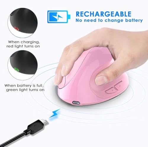 Ergonomic Mouse,Rechargeable Small Vertical Mouse with 6 Buttons Adjustable 800/1200/1600 DPI Pink Wireless Mouse for Laptop Desktop PC Mac - Image 4
