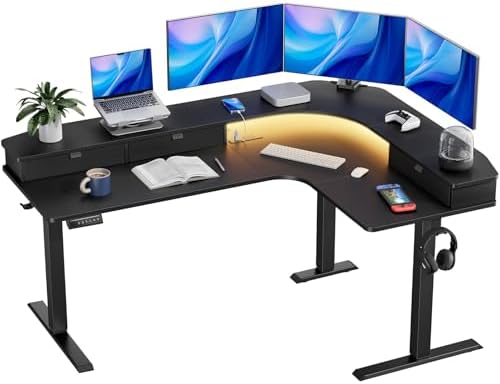 HUANUO 65″ L Shaped Standing Desk with 3 Drawers, Adjustable, Black by HUANUO