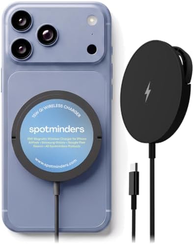 SPOTMINDERS Magnetic Wireless Charger with Stand, 15W Qi Fast Charging Pad for iPhone, AirPods, Samsung, Android & Spotminders Tracking Card, Built-in 1m USB-C Cable, Non-Slip, Cooling, No AC Adapter by Spotminders