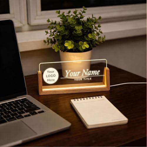 Personalized Light Up Acrylic Desk Name Plate - Custom Name Plate for Desk with Walnut Wood Base - Appreciation Office Gifts for Employees, Teacher, Social Worker (LOGO) - Image 6