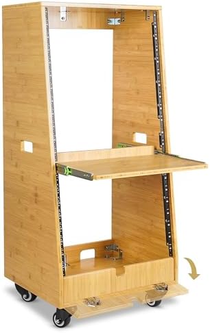 Sound Town DIY Solid Carbonized Bamboo Slanted 20U Studio Rack (12U Top + 8U Lower), with 2U Bottom Storage, Slide-Out Tray, Caster, For Recording Room, Home Studio (STBR-ST20T) - Image 4