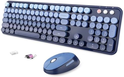 Wireless Keyboard and Mouse Combo, Ergonomic Full Size Typewriter Retro Round Keycaps Keyboard, Compatible with Windows, PC, Perfer for Home and Office Keyboards (Twilight Blue by SkyGive