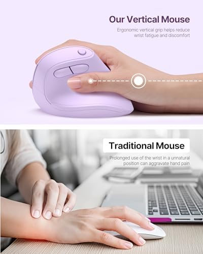 Ergonomic Mouse, USB+Bluetooth Dual Connection, Wireless Vertical Mouse for Reducing Wrist Pain, 1000/1600/2400 DPI, Ergo Mouse with Quiet Click for Windows Mac OS PC Computer Laptop, Purple - Image 4