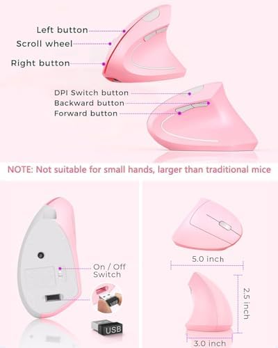 Ergonomic Mouse Wireless, Rechargeable Mouse Silent for Carpal Tunnel Right Hand, 2.4GHz USB Vertical Mouse Wireless for Laptop etc, 3 Adjustable 800/1200/1600 DPI, Pink - Image 5
