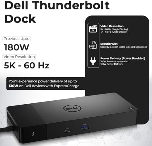 Dell WD22TB4 Thunderbolt 4 Dock - 1 Year Warranty, 40Gbps USB-C/USB A, Dell Docking Station w/ 180W Adapter, HDMI, DisplayPort, USB-C Cables - Supports 4K Displays & Upto 3 Monitors (Renewed) - Image 3