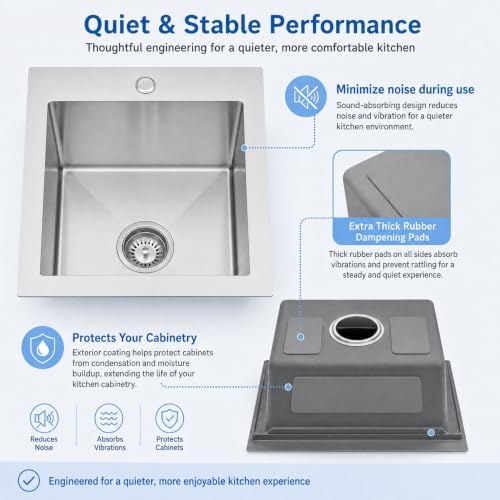 Drop In Bar Sink 15 X 15 inch,16 Gauge Stainless Steel Bar Sink - Image 6