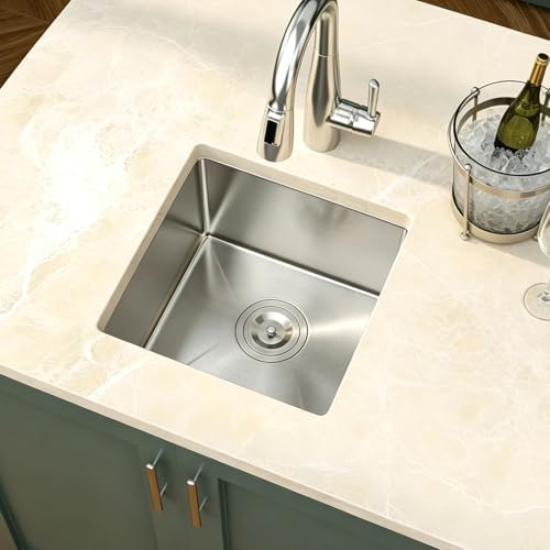 Mocoloo 15 Inch Undermount Bar Sink - 15" x 15" Small Kitchen Sink T304 Stainless Steel Handmade Single Bowl Round Corner Under Counter Wet Bar Sink for Kitchen Prep & RV by MocolooHome