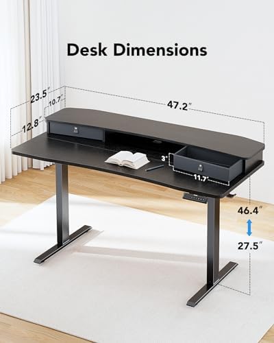 HUANUO 47.2" X 23.6" Electric Standing Desk with 2 Drawers, C-Clamp Mount Compatible, Height Adjustable Computer Desk, Home Office Stand Up Desk with 4 Preset Heights & 2 Hooks, Black - Image 2