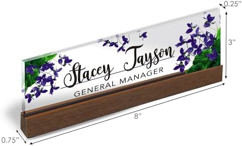 Artblox Personalized Office Desk Name Plate and Business Card Holder | Clear Acrylic Glass with Teak Wood Stand | Violets Flowers Design Customized with Your Name and Credentials Office Desk Décor - Image 3