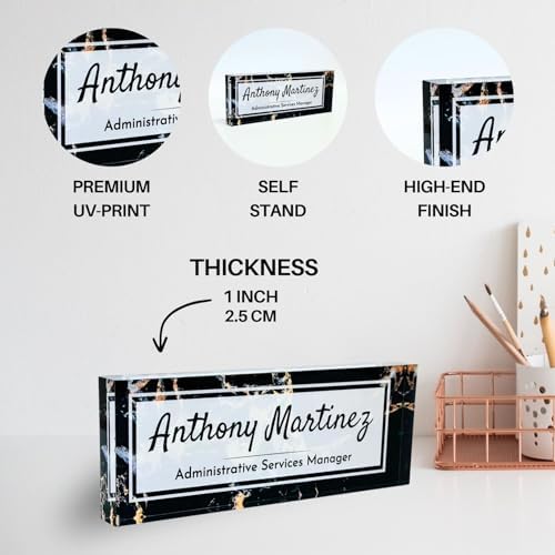 Customized Clear Acrylic Thick 8x3" Desk Name Plate Block with Personalized Logo - Professional Office Decor - Customized Acrylic Plate Gift for Teacher Co-workers (Black Marble) - Image 2