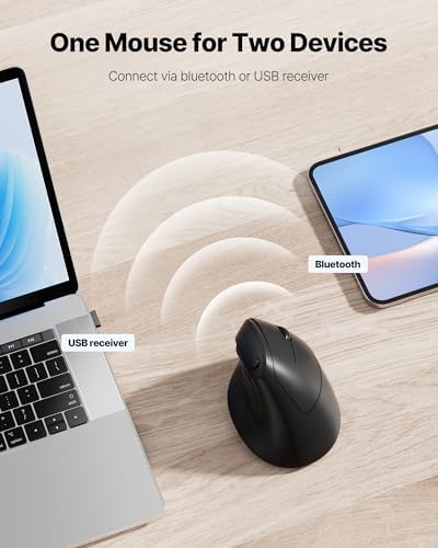 Ergonomic Mouse, USB+Bluetooth Dual Connection, Wireless Vertical Mouse for Reducing Wrist Pain, 1000/1600/2400 DPI, Ergo Mouse with Quiet Click for Windows Mac OS PC Computer Laptop, Black - Image 2