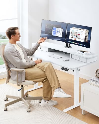 HUANUO 48″ x 24″ Electric Standing Desk with 2 Drawers, C-Clamp Mount Compatible, Height Adjustable Computer Desk, Home Office Stand Up Desk with 4 Preset Heights & 2 Hooks, White - Image 2