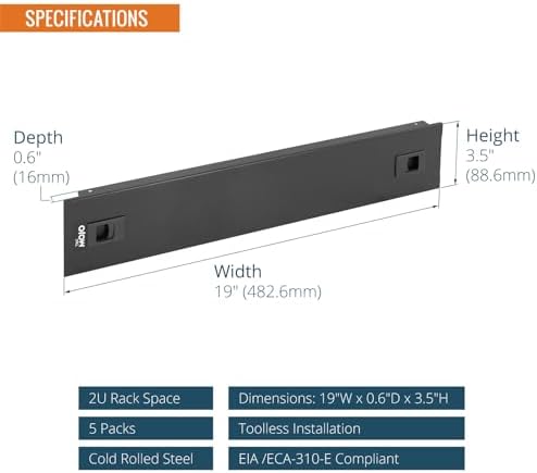 Tecmojo 5 Pack 2U Blank Panel, Cold Rolled Steel Rack Blank Panel, Rack Mount Plate for 19 in Server Rack Enclosure or Network Cabinet, Toolless Mounting, Black - Image 2