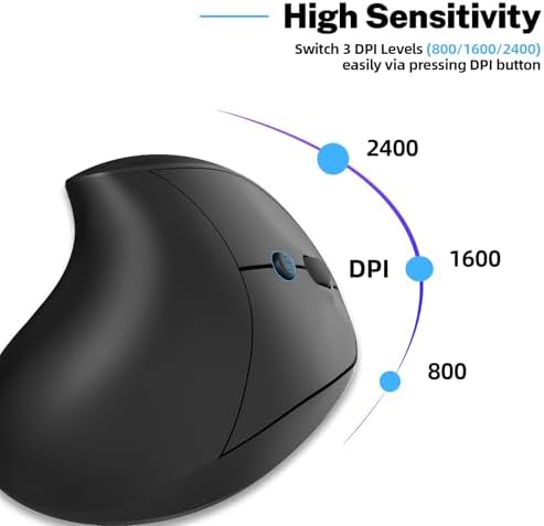 Ergonomic Mouse,Rechargeable Small Vertical Mouse with 6 Buttons Adjustable 800/1200/1600 DPI Purple Wireless Mouse for Laptop, Desktop, PC, MacBook (Black) - Image 5