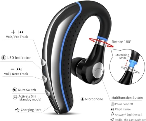 Bluetooth Headset V5.0 Wireless Bluetooth Earpiece with Noise Canceling Mic for Cell Phone Ultralight Business Earphone for Driving/Trucker/Office Earbus for Android/iPhone/Smartphone-Blue - Image 2