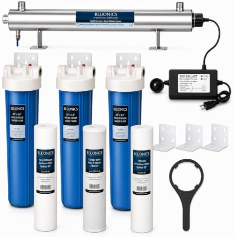 Bluonics 24 gpm Whole House Water Filter System for Well Water, 110w uv Light Treatment, 3 Filter Stages with Sediment and Carbon Filters, 20 x 4.5 housings, 1 in npt by BLUONICS