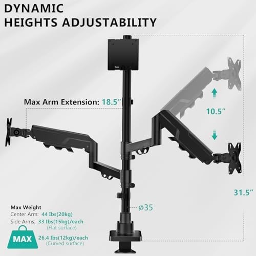 WALI Triple Monitor Mount - Extra Tall 3 Monitor Desk Mount for 17-49 Inch Ultrawide Screens, Up to 44 lbs, Fully Adjustable Heavy Duty Monitor Arm, VESA 75/100 mm (GSDM003-P), Black - Image 4