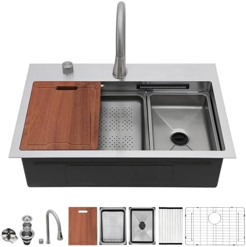 Lordear 31 Drop Kitchen Sink with Faucet Combo - 31"x20" Waterfall Kitchen Sink Workstation Stainless Steel 16 Gauge Single Bowl Topmount Handmade Sinks with Pull Out Faucet by LORDEAR
