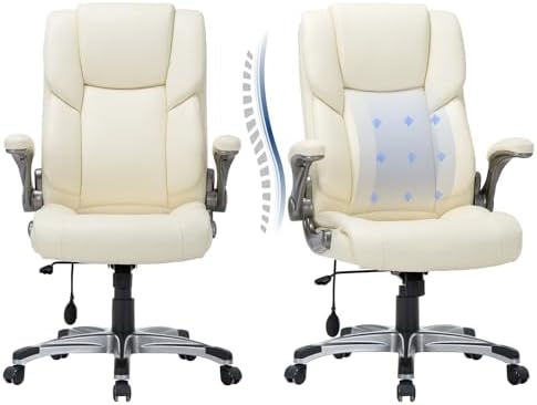 COLAMY Leather Executive Office Chair- High Back Home Computer Desk Chair with Padded Flip-up Arms, Adjustable Tilt Lock, Swivel Rolling Ergonomic Chair for Adult Working Study-Lvory, Set of 2 by COLAMYHOME