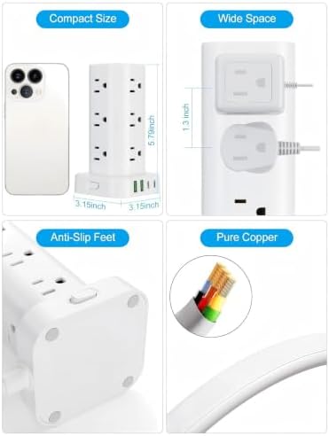 10FT Power Strip Tower Surge Protector, 12 Wide Spaced Outlets, 4 USB - Image 6