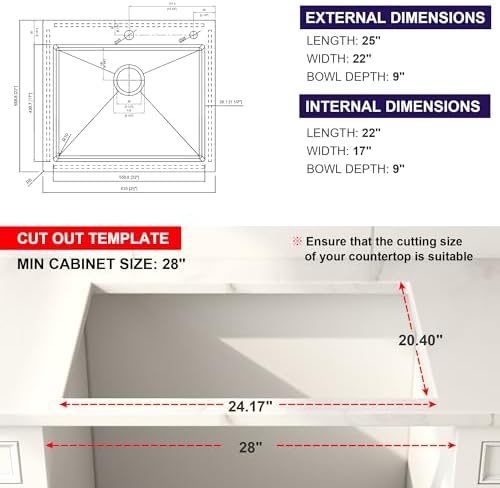 25x22 Drop In Single Bowl 25 Inch Topmount Handmade Kitchen Sink - Image 7
