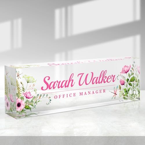 Custom Name Plate for Desk - Desk Name Plate Personalized - Acrylic Office Desk Accessories - Appreciation Gifts for Coworkers Employee Teacher Staff Boss - Office Decor for Women Men (Pink Flowers B) by Purdicra
