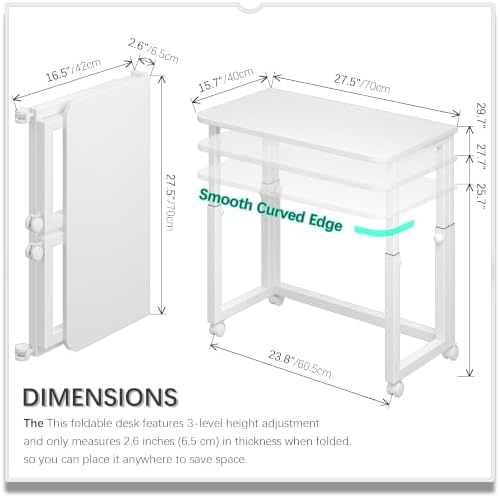 4NM No Tool Assembly 27.5" Small Desk, Folding Portable Desk with Wheels, Foldable Computer Home Office Desks, Collapsible Study Writing Table for Space Saving Bedroom - All White - Image 5