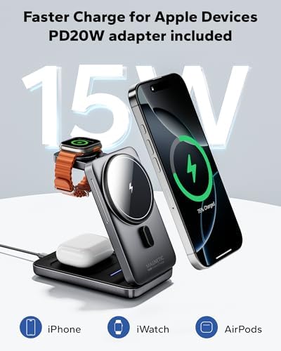 KPON Foldable 3in1 Charging Station for Magsafe, Travel Phone and Watch Charger for Apple, PD20W Wireless Charging Dock for Multiple Devices iPhone 17 16 15 14 13 12 Series/Apple Watch/Airpods - Image 2