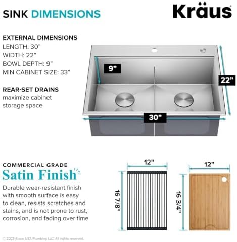 KRAUS Kore 30-Inch Drop In/Top Mount Workstation 16 Gauge 50/50 Double Bowl Stainless Steel Kitchen Sink with Accessories, KWT302-30 - Image 5