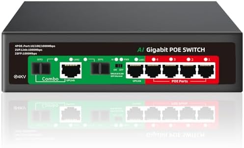 STEAMEMO 8 Port Gigabit Ethernet Unmanaged PoE Switch, 4 Gigabit PoE+ @65W Built-in Power, 2 Uplink Gigabit Port + 2 SFP Slot, VLAN Mode, 802.3af/at, Desktop/Wall-Mount, Plug & Play by STEAMEMO