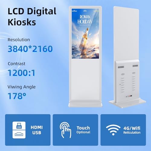 JIYANG 55 Inch 4K Touchscreen Digital Signage Display Kiosk, Indoor Floor Standing LCD Advertising Display with Android Media Player, HDMI/USB/WiFi Input Auto Split Screen(White) - Image 4