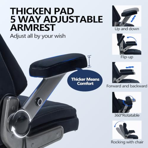 600lbs Big and Tall Office Chair with Lumbar Support 5 Way Adjustable Armrest Heavy Duty Ergonomic Office Chair Executive OfficeChair Extra Wide and Oversized (Black Short Plush) - Image 4