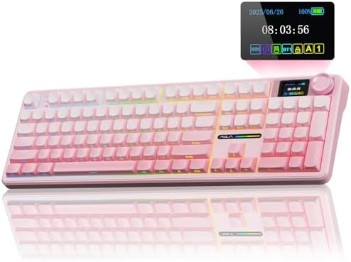 AULA F108 PRO - Wireless Mechanical Keyboard with Screen & Knob,Full Size Keyboard with 8000mAh Battery,Pre-lubed Switches,Side Printed PBT Keycaps,RGB Backlit Hot Swappable Custom Pink Keyboards by AULA
