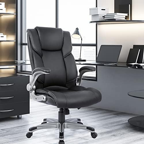 COLAMY High Back Executive Office Chair - Padded Leather Ergonomic Computer Desk Chair with Inflatable Lumbar Support & Flip-Up Arms, Adjustable Tilt Lock Swivel Task Chair for Home Office, Black - Image 2