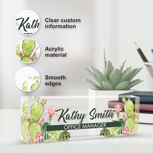 Personalized Name Plate for Desk, Custom Desk Name Plate, Acrylic Name Plate Office Desk Accessories, Personalized Office Gifts for Coworkers Teachers, Employee Appreciation Gifts (A-Cactus) - Image 3