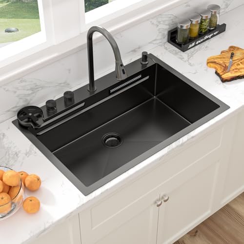 Sarlai Waterfall Kitchen Sink 30 Inch Black Drop In Kitchen Sink Topmount 16 Gauge Stainless Steel 30x22 Inch Single Bowl Multifuction Workstation Top Mount Sinks with Double Knob - Image 3