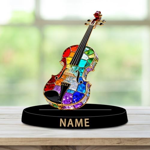 Personalized Acrylic Violin Decoration - Stained Glass Style Colorful Figurine with Custom Name Plate, Music Desktop Ornament Gifts for Violinists Classical Musicians Music Lovers - Image 2