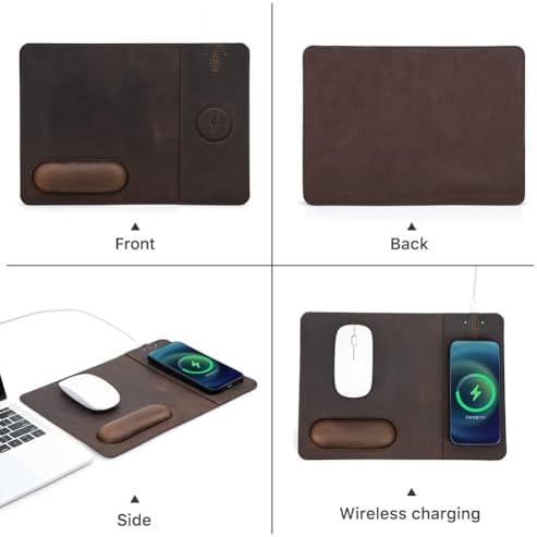 Hiram Premium Crazy Horse Leather Mouse Pad with 15W Wireless Charging - Ergonomic Wrist Rest, Waterproof, and High-End Cowhide Touch(12in x 9in) - Image 6