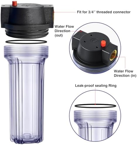 Geekpure 10-Inch Whole House Slim Water Filter Housing with Pressure Relief Valve - 3/4" NPT Brass Port-Fit for 2.5" x 10" Filters-Clear Pack of 3 - Image 6