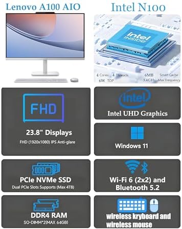 Lenovo 24" FHD All-in-One Desktop Computer for Home & Office, Intel Processor, 32GB RAM, 2TB PCIe SSD, HDMI, WiFi 6, Bluetooth 5.2, Business AIO, Vent-Hear, Wireless KB & Mouse, Windows 11 Pro - Image 2