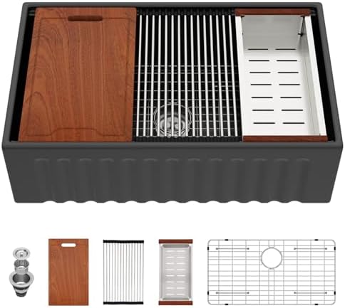 Lordear 33 Inch Black Fireclay Farmhouse Sink Workstation Fluted Reversible by LORDEAR
