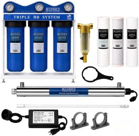 Bluonics 55w Whole House Water Filter System, Well and City Water, 4-Stage uv Treatment, Triple 10 x 4.5 Sediment Carbon Filters, 40 Micron pre-Filter, Extra Filter Set, uv Bulb, 12 gpm by BLUONICS