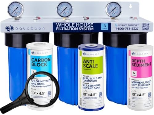 Aquaboon 3-Stage Whole House Water Filter System with 5 Micron 10x4.5 Reducing Sediment, Anti-Scale Water Purification and Carbon Chlorine Reduction Filter (CTO), Pressure Gauges, Wrench, Bracket by Aquaboon