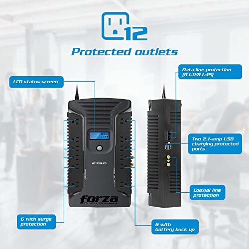 Forza UPS 750VA/450W Line Interactive Uninterrupted Battery Backup Supply, 12 Outlets, AVR, LCD Screen, USB, Coaxial, 3 Year Warranty 120V | UPS interactiva - Image 4