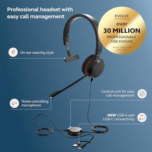 Jabra Evolve 20 (2025 Edition) Single-Ear Headset for Office and Home - Call Control - All Platforms - USB-C/A Connectivity - Black - Image 2