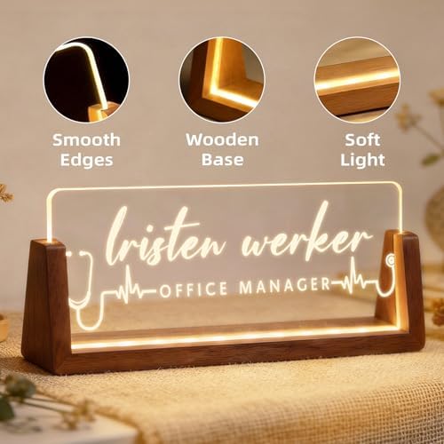 Personalized Light Up Acrylic Desk Name Plate - Custom Name Plate for Desk with Walnut Wood Base - Appreciation Office Gifts for Employees, Teacher, Social Worker (Nurse) - Image 7