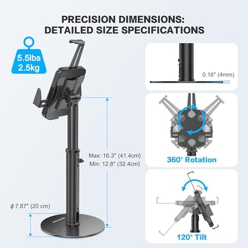 AboveTEK POS Tablet Kiosk Stand - Universal Tablet Locking Mount for 7.9"-11" Devices, 360° Swivel Anti-Theft Security Stand for iPad, iPad Air, Samsung, Height Adjustable Desk Countertop - Image 5