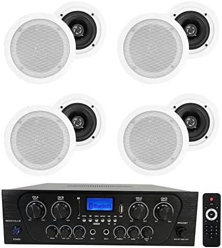 Rockville RPA40BT 4 Zone Home Receiver with 8 HC55 White Ceiling Speakers by Rockville