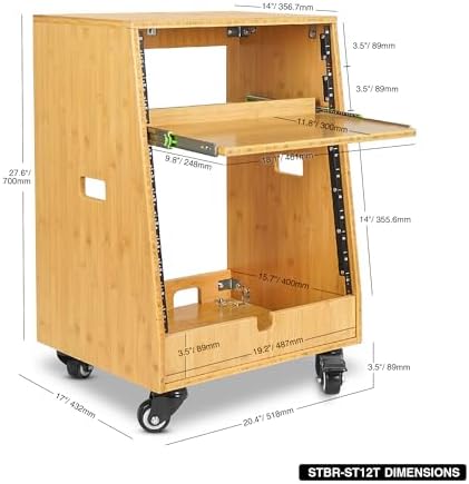 Sound Town DIY Solid Carbonized Bamboo Slanted 12U Studio Rack (4U Top + 8U Lower), with 2U Bottom Storage, Slide-Out Tray, Caster, For Recording Room, Home Studio (STBR-ST12T) - Image 5