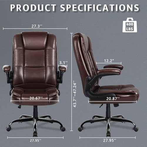LEMBERI Flip-up Arms Office Desk Chair Big and Tall Managerial Executive Chair, High Back Computer Chair Ergonomic Adjustable Height PU Leather Chairs with Armrest for Long Time Sitting - Image 3